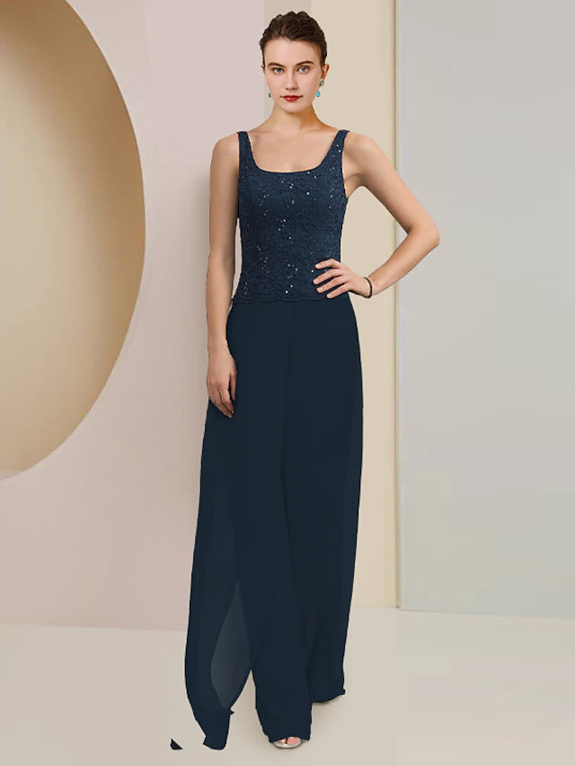 Jumpsuit/Hosenanzug, 3-teiliges Kleid für die Mutter der Braut, formelle Hochzeitsgäste, Übergröße, eleganter U-Ausschnitt, bodenlang, Chiffon, Spitze, ärmellos, Wickelkleid inklusive Pailletten